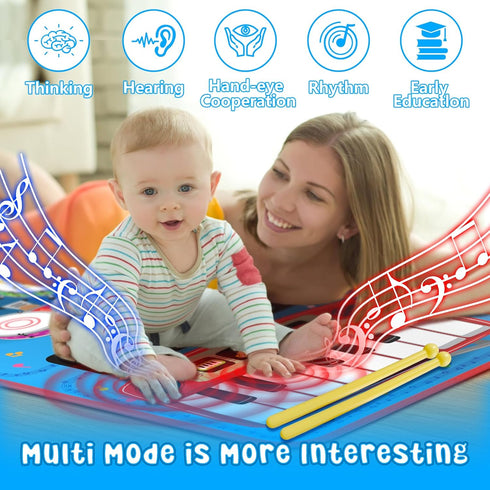 2-in-1 Musical Mat Toys - Piano Keyboard & Drum Set with 2 Drum Sticks for 1-5 Year Old Boys & Girls, Blue