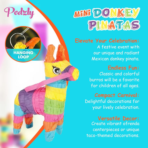Podzly Mini Donkey Pinatas, 3-Pack for Cinco de Mayo and Mexican-themed Events