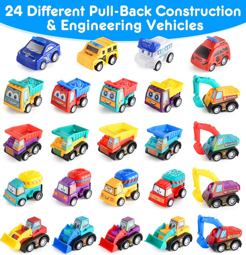 24 Pack Ellinjan Prefilled Easter Eggs with Toys Inside, Pull Back Cars Easter Eggs with Construction Vehicles, Easter