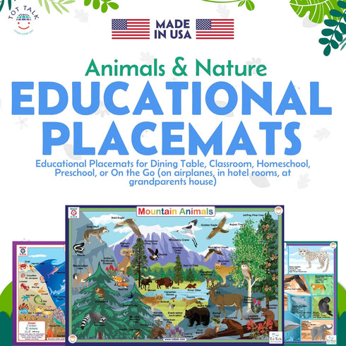 Tot Talk Mountain Animals Educational Placemat for Kids – Durable, Double-Sided, Waterproof, Wipeable, 17.5” x 11.5”