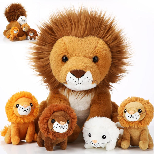 Honoson 5 Pcs Large Lion Plush Set with 4 Cute Baby Lions in Zippered Back, Soft Cuddly Plushie, 14 Inch