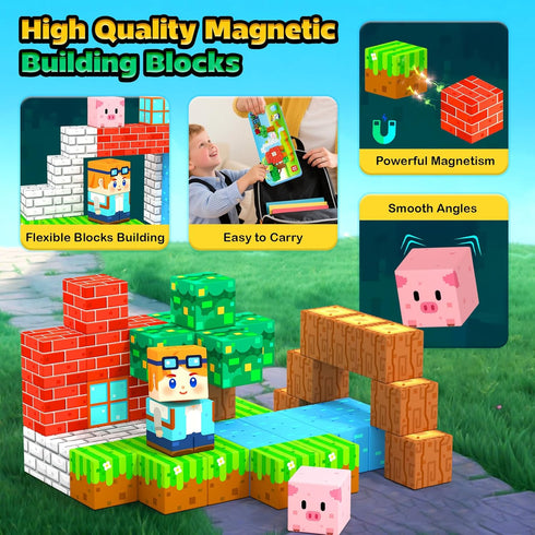 3+ Magnetic Blocks Kids Travel Toys with Portable Metal Tin Montessori Building Blocks STEM Magnet Magnetic Tiles