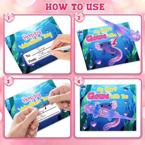 Kids,24 Pack AuroTops Valentines Day Gifts for Glow in The Dark Axolotl Toys with Valentines Day Cards for Kids School