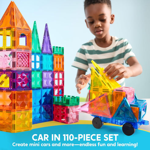 SYNCFUN Magnetic Tiles 110pcs, 3D Magnet Building Tiles with Vehicle, Construction Blocks Set for Kids, STEM