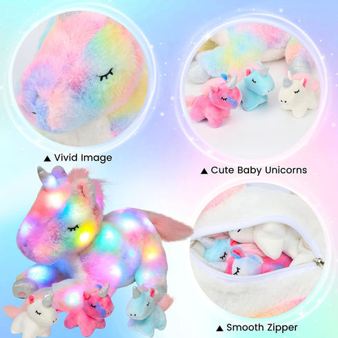 Mommy 3 Tummy Playset 19'' Hopearl LED Plush Unicorn Lighting Up Stuffed Unicorn with Baby Unicorns in her Stuffed