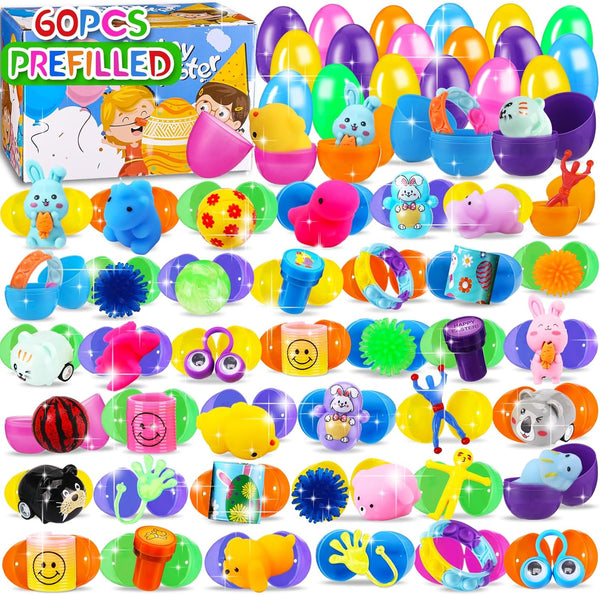 60PCS Prefilled Easter Eggs with Toys Inside, Easter Basket Eggs Filled Stuffers,
