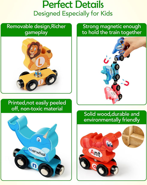Set Set 3-5 Vanmor Wooden Train for Toddlers - Snap-Connection Animal Trains, Magnetic Alphabet Train Learning Toys