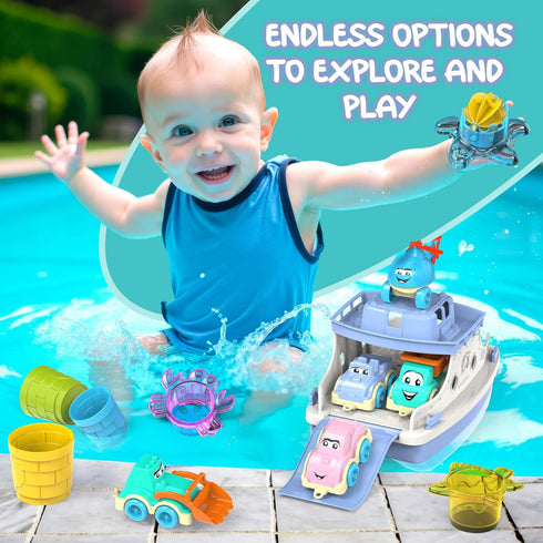 utoyz 15pcs 1 Ferry Fun & Friends & Baby Bath Toys with Ferry Boats, Cars for Bathtub, Trucks, Helicopter, Stacking