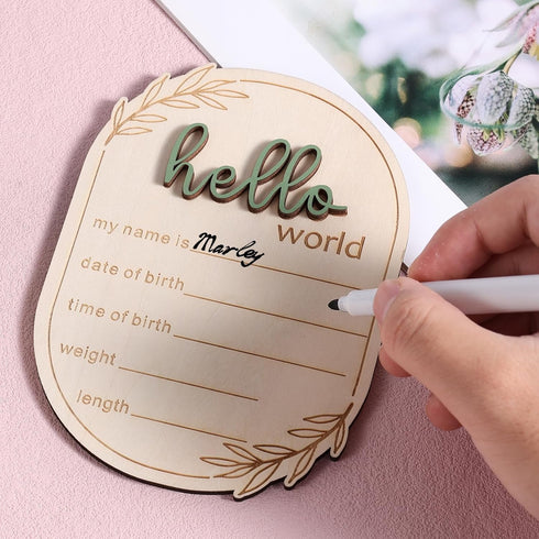 Gosknor 5.91x4.13 Inch Baby Announcement Sign, Wooden Hello World Baby Name Sign Newborn Announcement Sign Birth