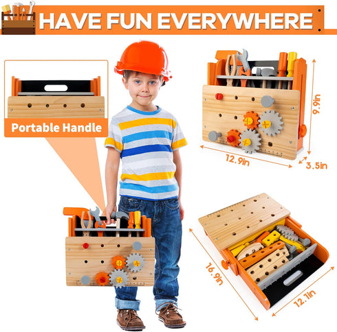 KIDWILL Wooden Tool Bench for Kids - 54-Piece Tool Set with 2-in-1 Workbench & Take-Along Kit, STEM Educational Toy