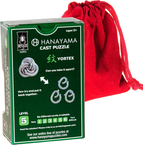 Vortex Hanayama Puzzle, Level 6 Difficulty, Bonus RED Velveteen Pouch Included