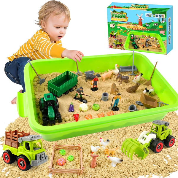 MYDOVA Farm Sensory Bin, 43 Pcs Play Sand Farm Toys Farm Animal Trucks
