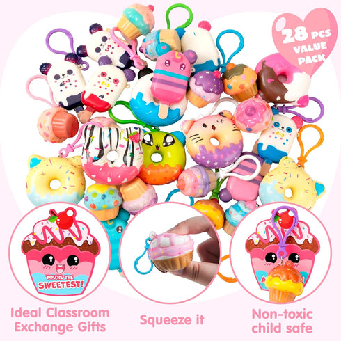 28 Packs JOYIN Valentine Dessert squishy toys Stress Relief Keychains with Cards for Classroom Exchange Prizes, Fidget