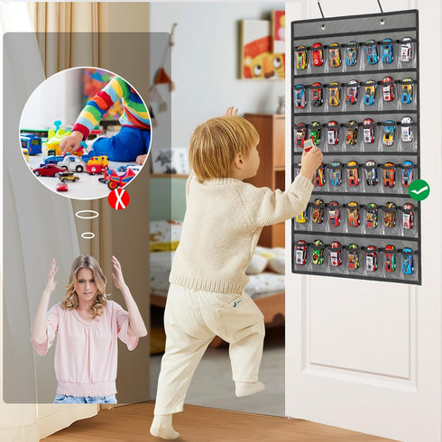 Toy Car Storage Organizer with 42 Clear Pockets for Hanging Matchbox Cars Display Case (One Side-Grey)