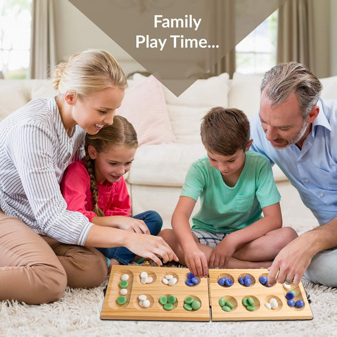 Point Games Solid Wood Deluxe Mancala - Folding Board Game with Metal Latch and Glass Marbles, Portable Strategy Game