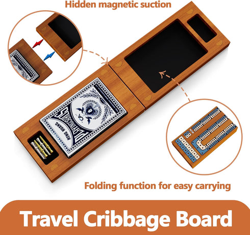 Set 2-Track 6 Small Size Travel Wooden Cribbage Board Game Foldable Cribbage with Magnetic Storage, Metal Pegs & Full