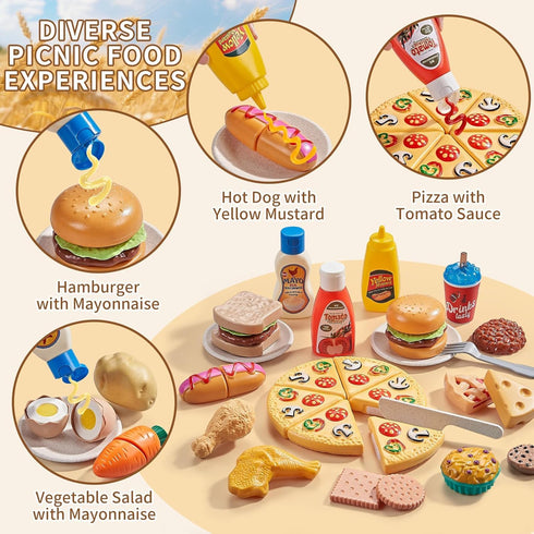 Sets Play Food for Kids Kitchen, Wheat Straw Pretend Food Toys with Kids Picnic Basket and Picnic Blanket, Cutting Toy