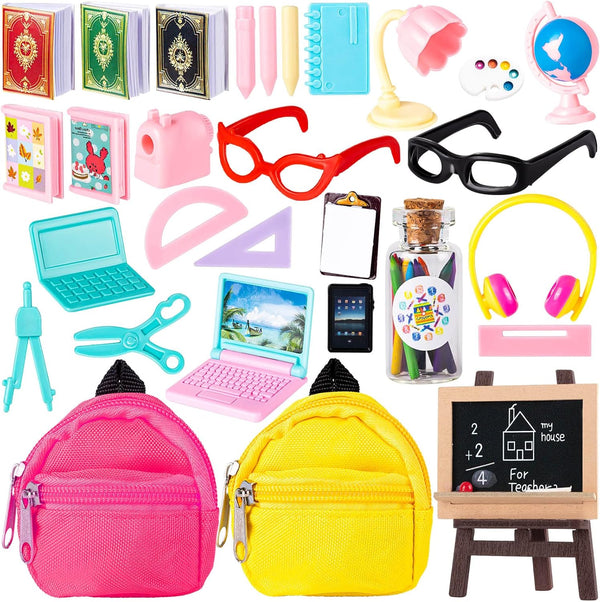 FFNIU Mini School Supplies, 30Pcs Doll School Supplies Includes Mini Doll Backpack Laptops