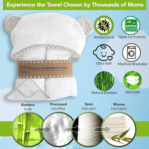 6 Set Set) Channing & Yates Premium Boutique Hooded Baby Towels and Washcloth - Organic Viscose Made from Bamboo Baby