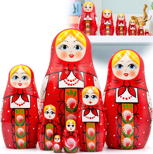 Set 7 Nesting Dolls of pcs - Baboushka Russian Dolls in Hand Painted Red Head Scarf and Sarafan Dress with Ornaments