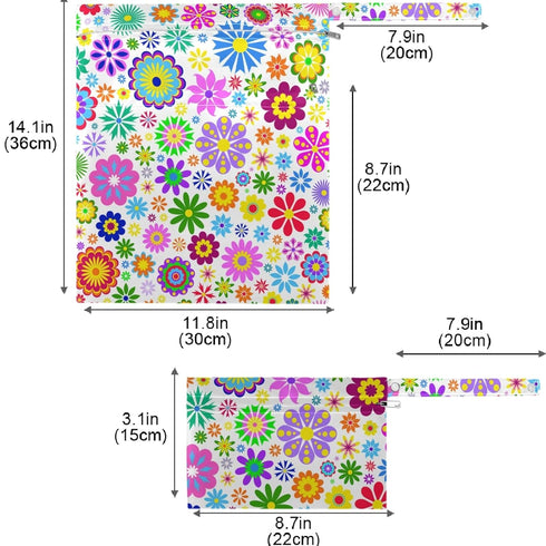 visesunny 2Pcs Colored Little Flower Wet Bag with Zippered Pockets Washable Reusable Roomy