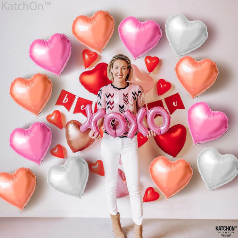 KatchOn Pack of 12 Rose Gold, White Pink Heart Balloons - 18 Inch Heart Shaped Balloons for Love Decorations
