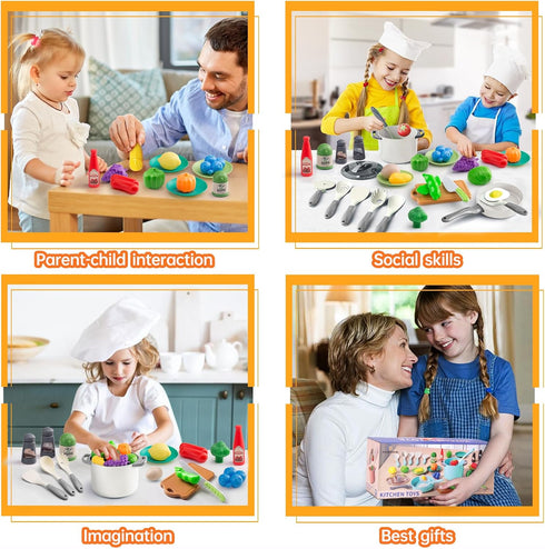35Pcs Kids Kitchen Toy Accessories, Toddler Pretend Cooking Playset with Pots, Pans, Utensils, and Toy Food (White)