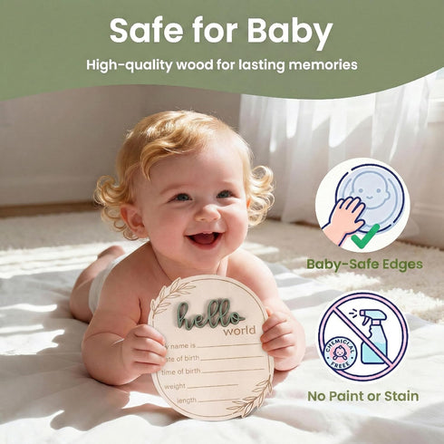 Xyndrella 3D Baby Announcement Sign with Pen, Wooden Hello World Newborn Sign for Hospital, Birth Announcement Board