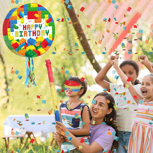 Building Blocks Piñata Set, Happy Birthday Block Party Supplies, Fiesta Piñata Bundle with Blindfold, Bat Stick,