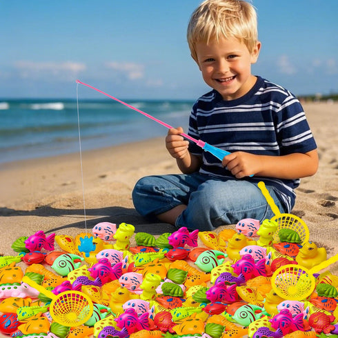 LHSYFBZ 62Pcs 4-8 Magnetic Fishing Game for Kids, Bathtub Kiddie Party Toy, Plastic Floating Fish with Pole Rod Net