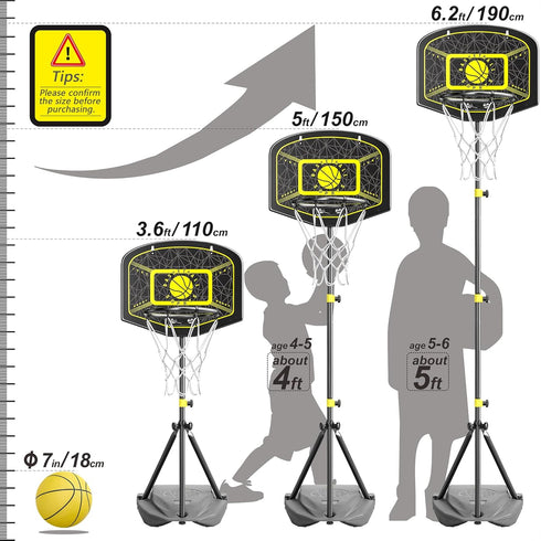 Kids Basketball Hoop Indoor Outdoor, Portable Adjustable Height 3.6ft-6.2ft for Boys Girls Age 3-8 Sports Toy