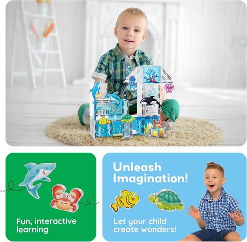 Set 8 3+ PTQ15 PicassoTiles Magnet Tiles Magnetic Building Blocks Aquarium Marine Animal Theme with Character Action