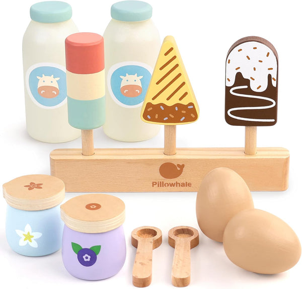 Pillowhale 12-Piece Wooden Dairy & Ice Cream Play Food Set Pretend Fridge