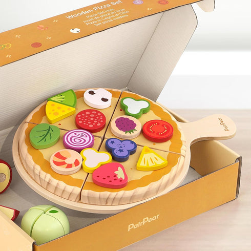Set, 28 Playset 3+ PairPear Wooden Pizza Cutting Play Food Piece Pretend Play Pizza Toy Kitchen Montessori Kitchen