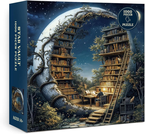 BBOLDIN 1000 Magic Moon Library Puzzle Pieces for Adults, Night Book Forest Fantasy Jigsaw Puzzle, Vintage Space