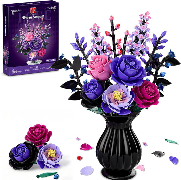 TYCOLE Flowers Bouquet Building Set - Purple Roses Botanical Collection Building Blocks for
