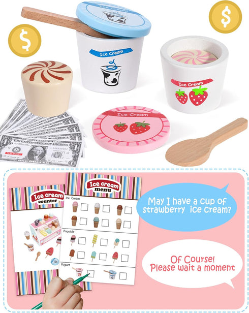 Wooden Ice Cream Toys Kitchen Play Store - Play Kitchen Accessories for Toddlers 3-5, Scoop, Menu & Fake Money