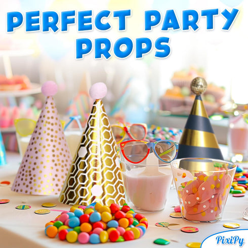 PixiPy Birthday Party Hats for Kids, 12 pc Colorful Cone-Shaped 7 inch Celebration Headwear Supplies