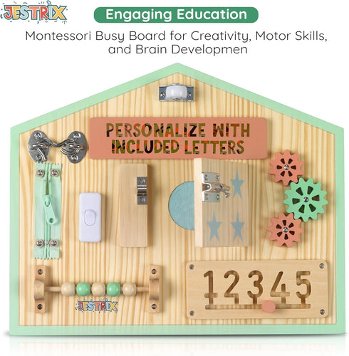 Montessori Busy Board for Toddlers - Personalized Sensory Toys with 11 Activities, Solid Wooden Activity Board