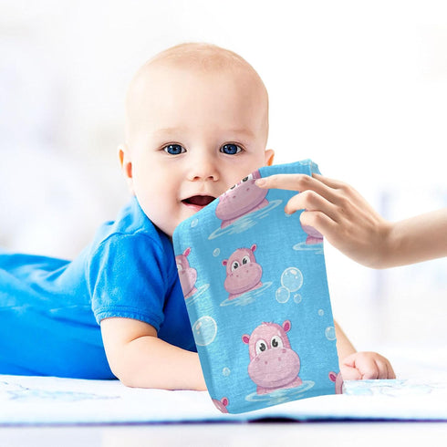 Burbuja 12x12 3 Pack Cartoon Hippos Baby Washcloths - Muslin Cotton Soft Absorbent Baby Towel for Newborn Baby