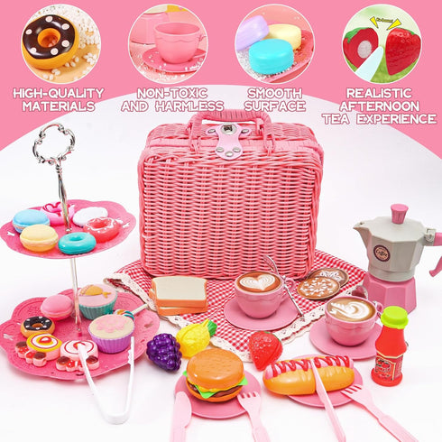 Set Set 3-8 HAPGFS Pink Pretend Afternoon Tea Party with Storage Basket, Play Food & Accessories for Girls, Tea Party