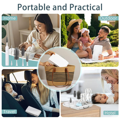 Cleaner,7in1 90Folding Zooawa Electric Baby Bottle Brush Travel kit with Rechargeable Elctric Bottle Cleaner & Drainage