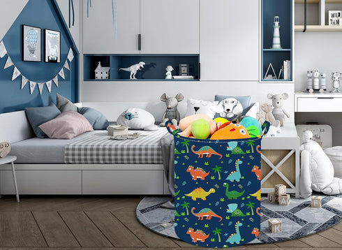 19.7 Inch Dinosaur Round Kids Laundry Hamper, Dino Laundry Basket with Handles, Baby Toys Storage Organizer for Boys &