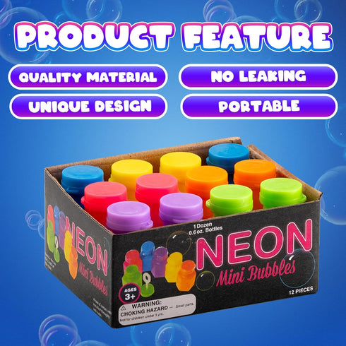 Mini Neon Party Bubbles for Kids - Pack of 12 Bulk Wands and Bottles for Blowing Bubbles, Birthday Party Favors