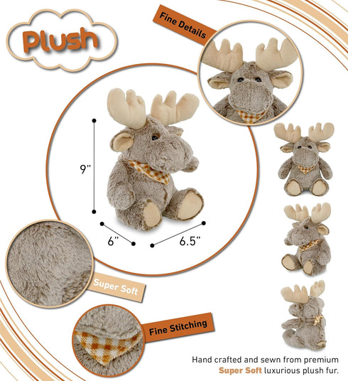DolliBu Brown Sitting Moose Plush Toy, Super Soft Stuffed Animal, 11 Inches