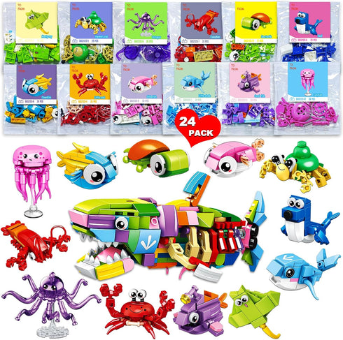 BAOXUE 24 Packs Valentines Day Cards for Kids School, Animal Building Block Set,