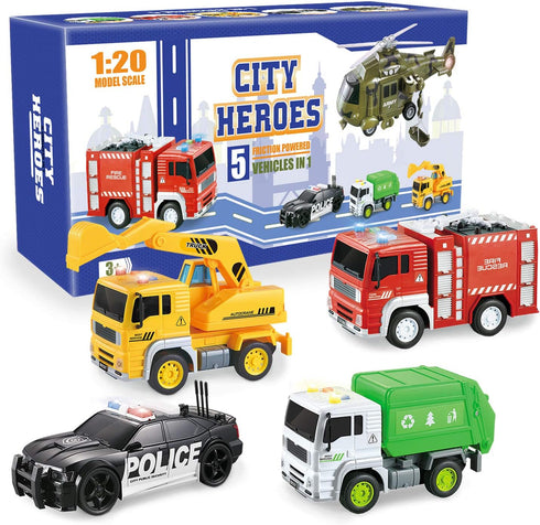 5 Pack Friction Powered Truck Toy Set (8 Inch), Including Garbage Truck, Construction Truck, Fire Truck, Police Car