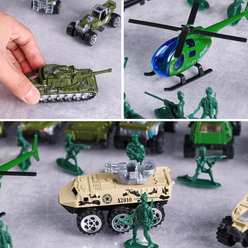 62PCS Diecast Military Vehicles Playsets - 3 Otters Army Toy Vehicle Models with Alloy Metal Vehicles and Army Men