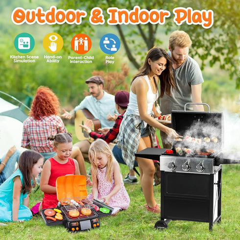CUTE STONE Cooking Toy BBQ Set, 2-Layer Kids Grill Playset with Play Food and Kitchen Accessories for Toddlers