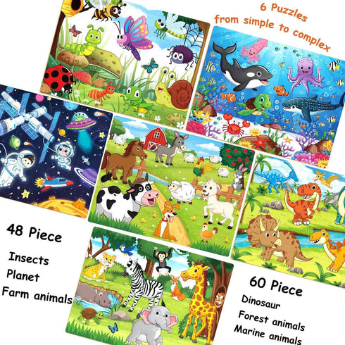 Puzzles for Kids Ages 4-8, Wooden Jigsaw Puzzles 48-60 Pieces for Toddler Learning Educational Toys (6 Puzzles)